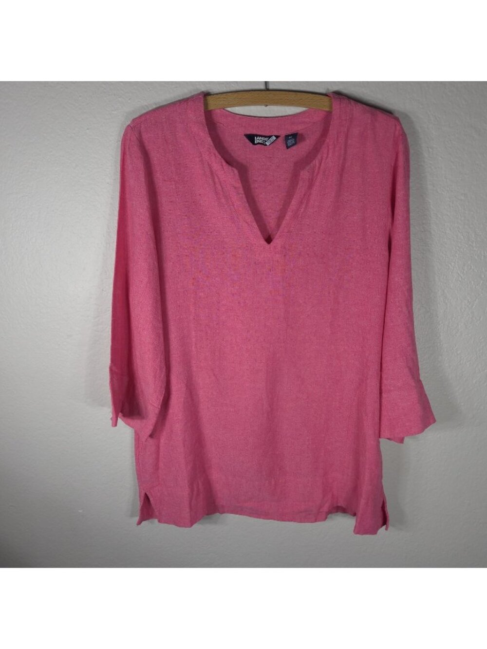 Lands End Womens Pink Linen Blend V Neck 3/4 Sleeve Tunic Top Size M Pockets